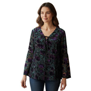 Dalia Floral Velvet Burnout Blouse Top Womens M Black Purple V-Neck Whimsigoth